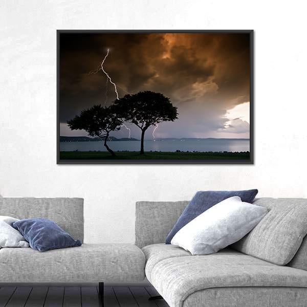 Thunderbolt On Trees Canvas Wall Art-1 Piece-Floating Frame-24" x 16"-Tiaracle