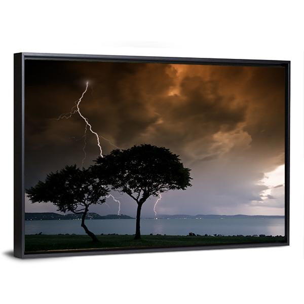 Thunderbolt On Trees Canvas Wall Art-3 Horizontal-Gallery Wrap-25" x 16"-Tiaracle