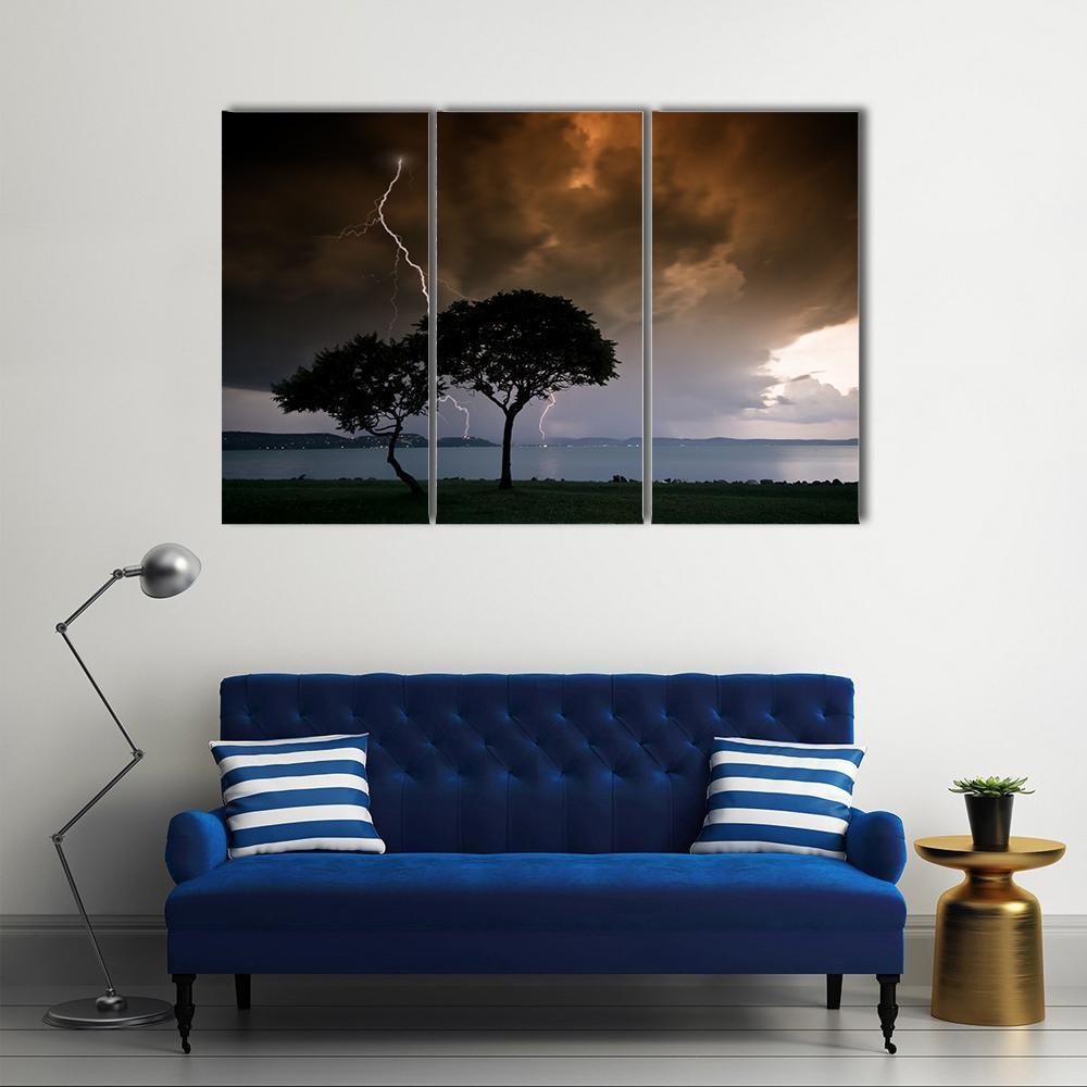 Thunderbolt On Trees Canvas Wall Art-3 Horizontal-Gallery Wrap-37" x 24"-Tiaracle