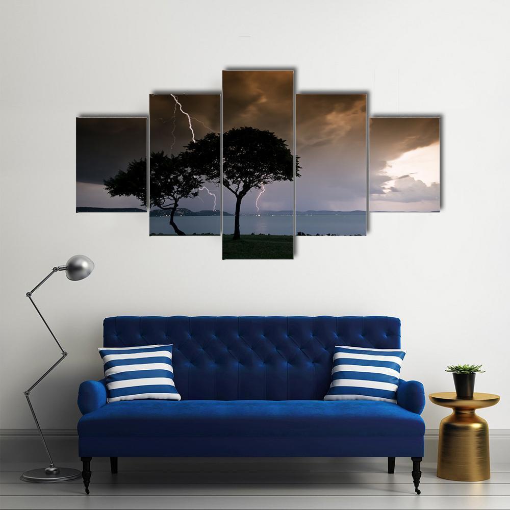 Thunderbolt On Trees Canvas Wall Art-5 Star-Gallery Wrap-62" x 32"-Tiaracle