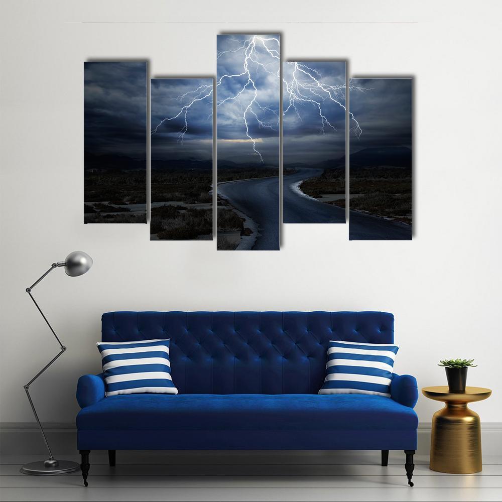 Thunderstorm Over Road Canvas Wall Art-5 Pop-Gallery Wrap-47" x 32"-Tiaracle