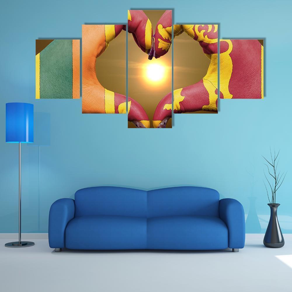 Sri Lankan Flag On Hands Canvas Wall Art-5 Star-Gallery Wrap-62" x 32"-Tiaracle