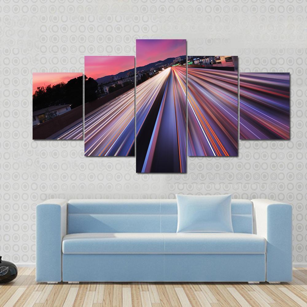 California Traffic At Twilight Canvas Wall Art-5 Star-Gallery Wrap-62" x 32"-Tiaracle