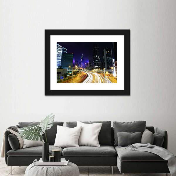 Traffic In City At Night Canvas Wall Art-1 Piece-Framed Print-20" x 16"-Tiaracle