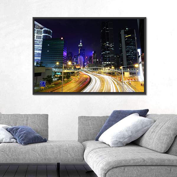 Traffic In City At Night Canvas Wall Art-1 Piece-Floating Frame-24" x 16"-Tiaracle