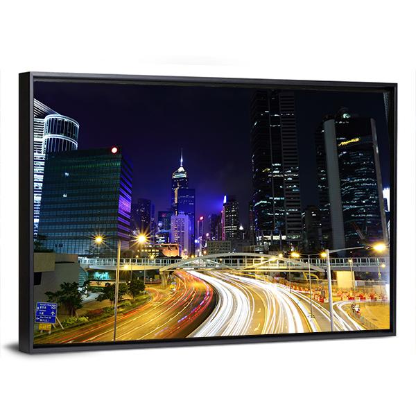 Traffic In City At Night Canvas Wall Art-3 Horizontal-Gallery Wrap-25" x 16"-Tiaracle