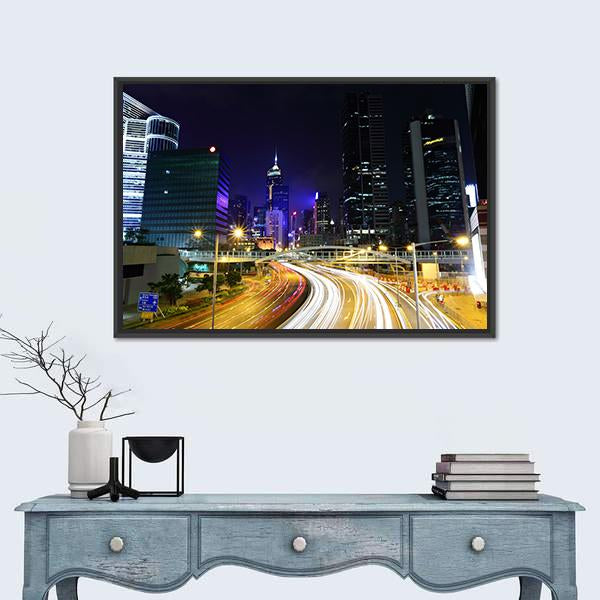 Traffic In City At Night Canvas Wall Art-3 Horizontal-Gallery Wrap-25" x 16"-Tiaracle