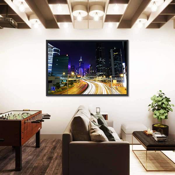 Traffic In City At Night Canvas Wall Art-3 Horizontal-Gallery Wrap-25" x 16"-Tiaracle