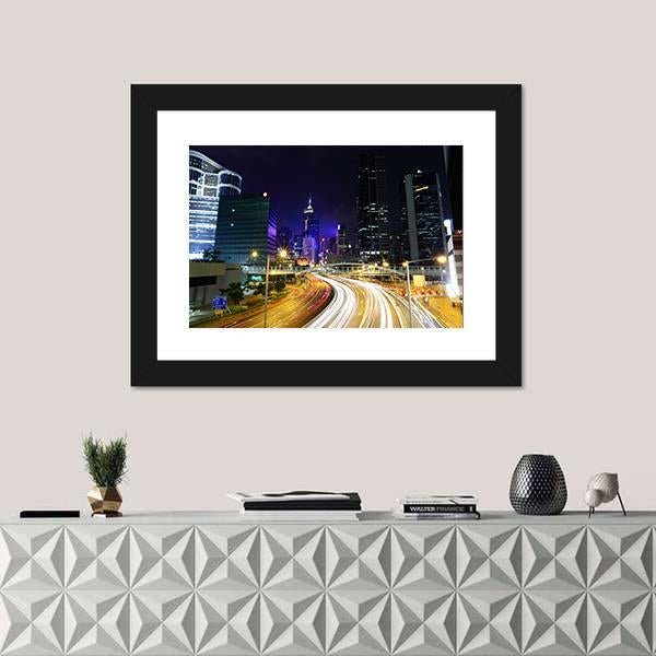 Traffic In City At Night Canvas Wall Art-3 Horizontal-Gallery Wrap-25" x 16"-Tiaracle