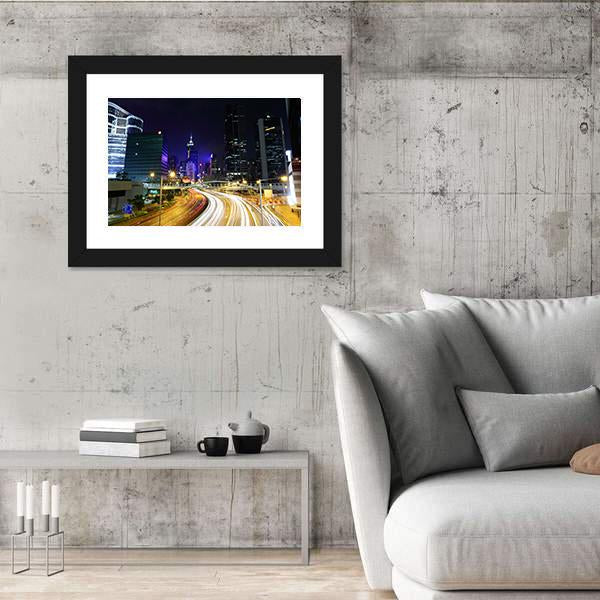 Traffic In City At Night Canvas Wall Art-3 Horizontal-Gallery Wrap-25" x 16"-Tiaracle