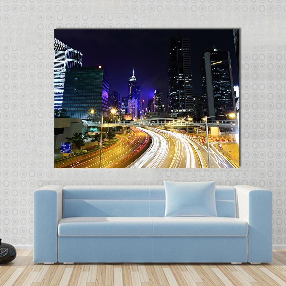 Traffic In City At Night Canvas Wall Art-1 Piece-Gallery Wrap-48" x 32"-Tiaracle