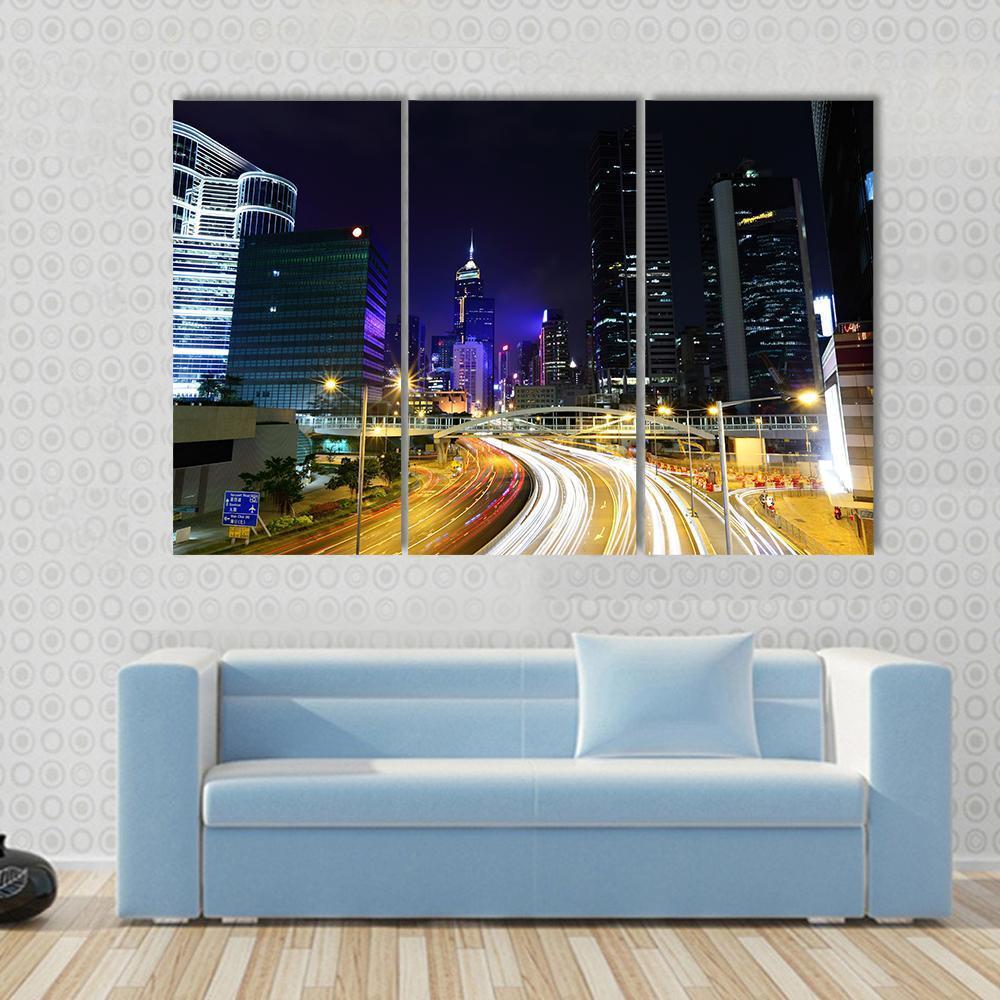 Traffic In City At Night Canvas Wall Art-3 Horizontal-Gallery Wrap-37" x 24"-Tiaracle