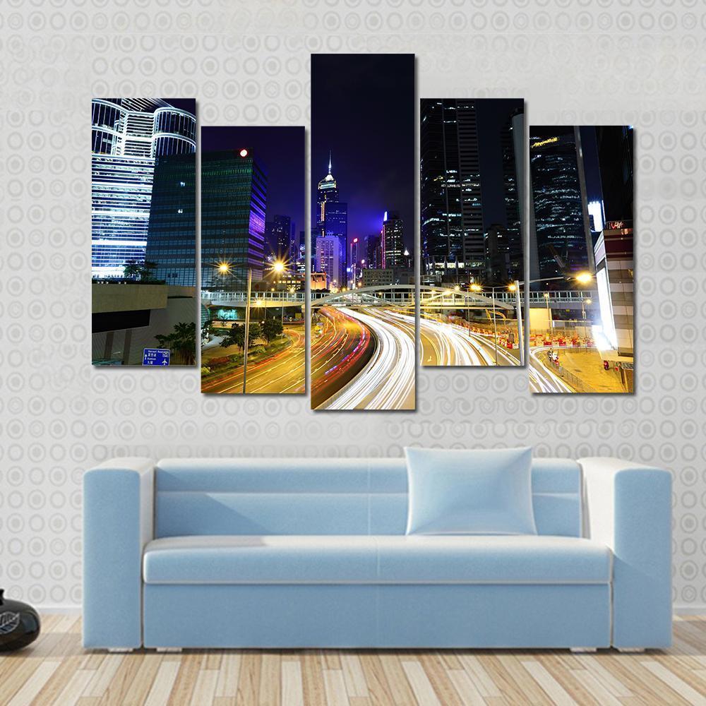 Traffic In City At Night Canvas Wall Art-5 Pop-Gallery Wrap-47" x 32"-Tiaracle