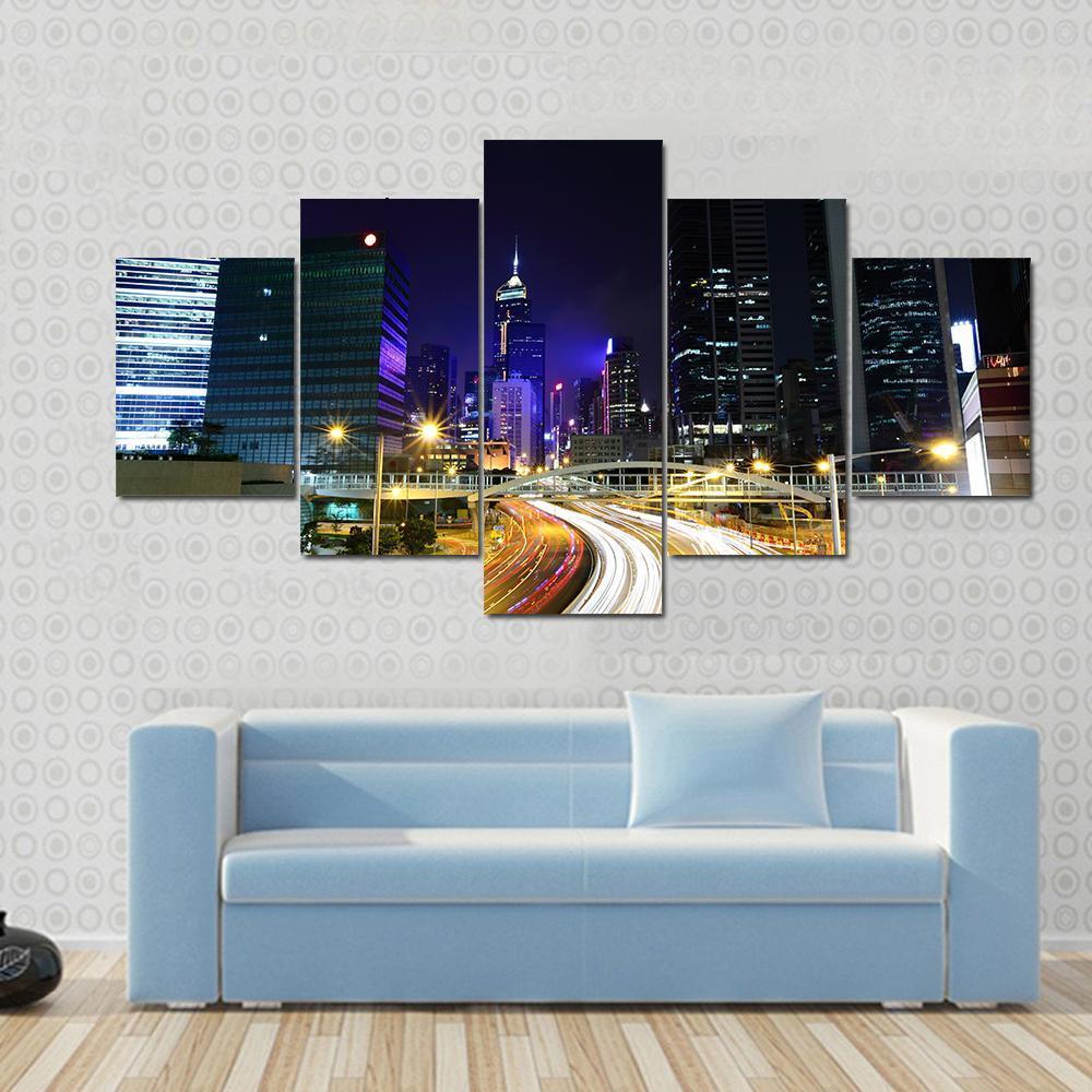 Traffic In City At Night Canvas Wall Art-5 Star-Gallery Wrap-62" x 32"-Tiaracle