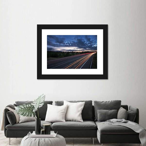 Traffic On The Move At Dusk On The M40 Motorway In England Canvas Wall Art-1 Piece-Framed Print-20" x 16"-Tiaracle