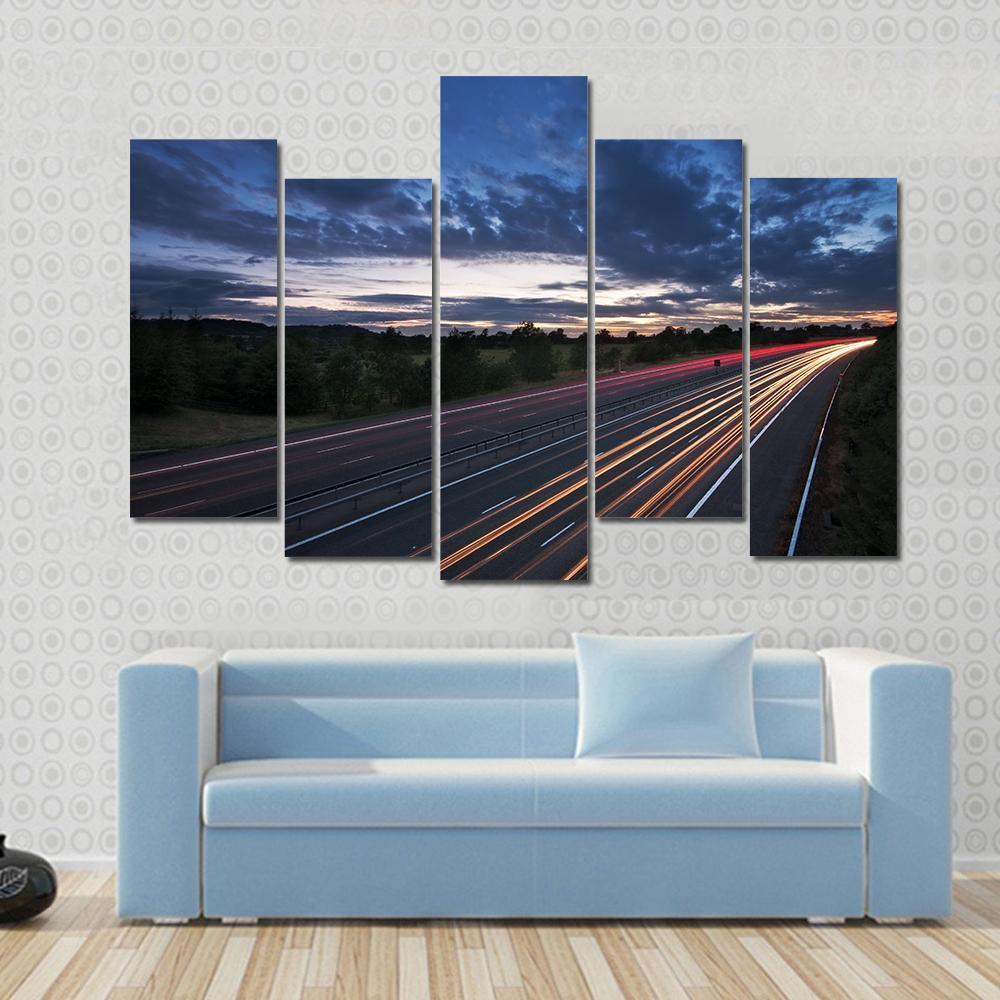 Traffic On The Move At Dusk On The M40 Motorway In England Canvas Wall Art-5 Pop-Gallery Wrap-47" x 32"-Tiaracle