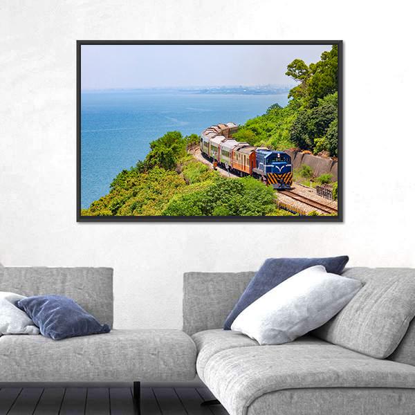 Train On The Railway Near Fangshan Station In Pingtung Taiwan Canvas Wall Art-1 Piece-Floating Frame-24" x 16"-Tiaracle