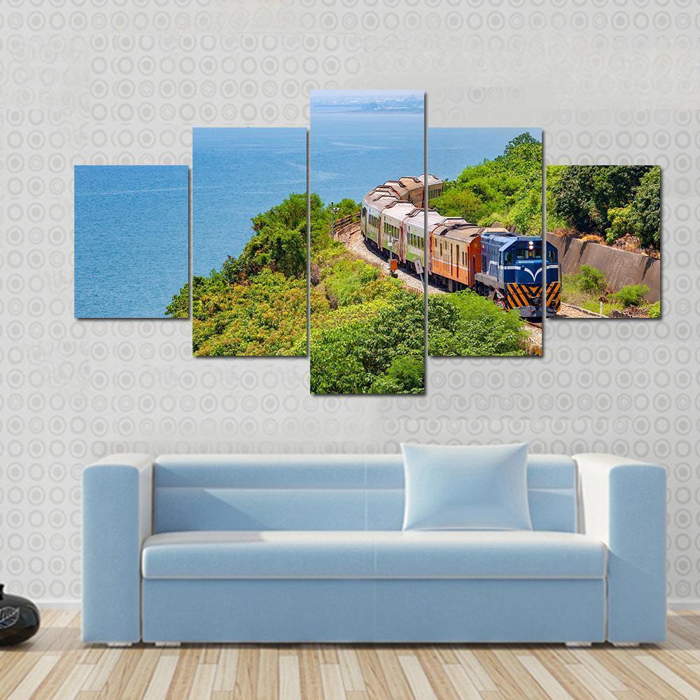 Train On The Railway Near Fangshan Station In Pingtung Taiwan Canvas Wall Art-5 Star-Gallery Wrap-62" x 32"-Tiaracle