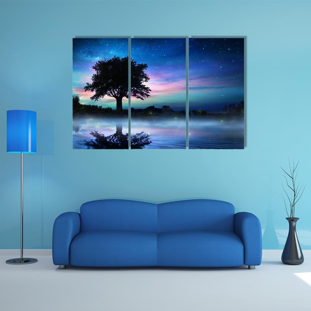Tree At Starry Night Canvas Wall Art-3 Horizontal-Gallery Wrap-37" x 24"-Tiaracle