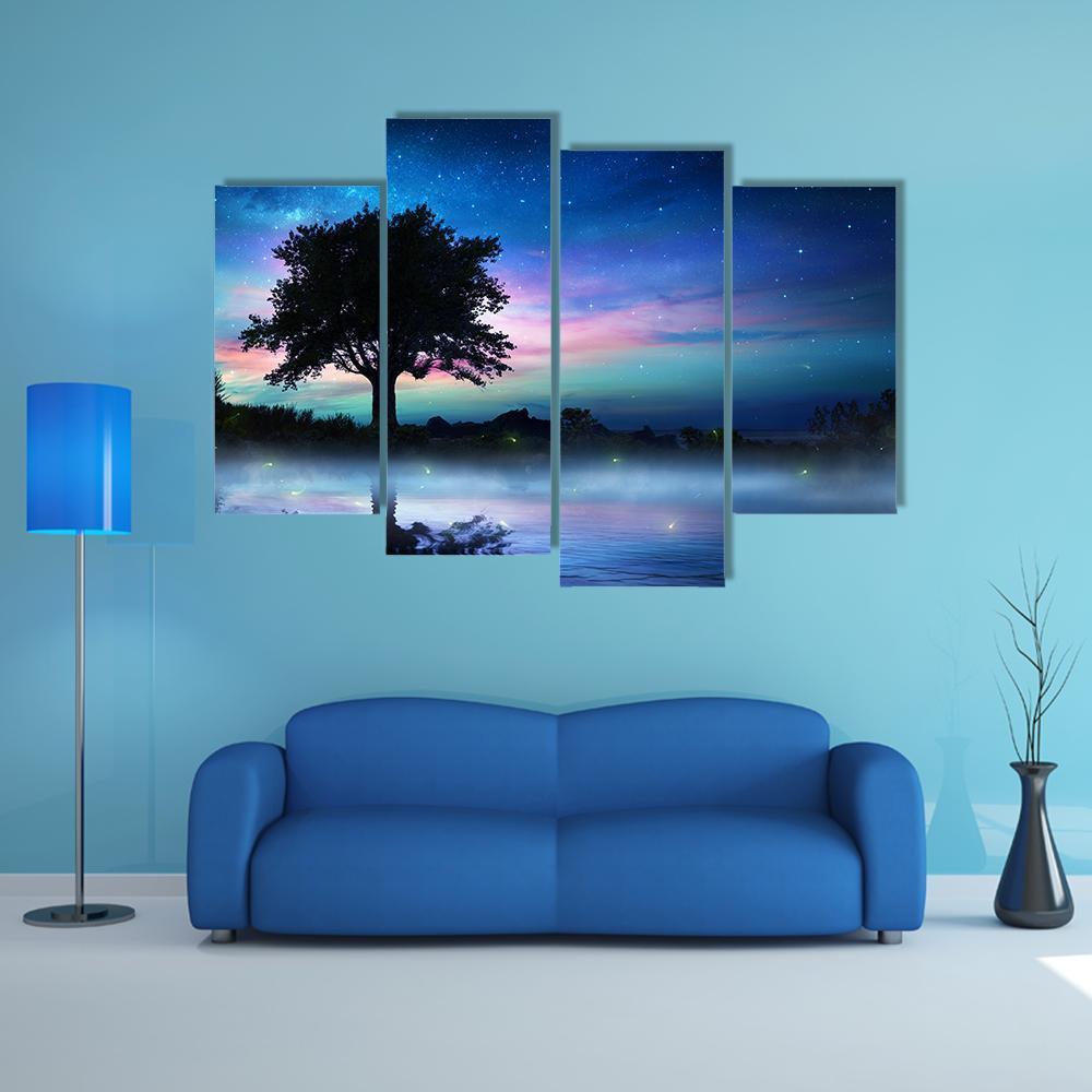 Tree At Starry Night Canvas Wall Art-4 Pop-Gallery Wrap-50" x 32"-Tiaracle
