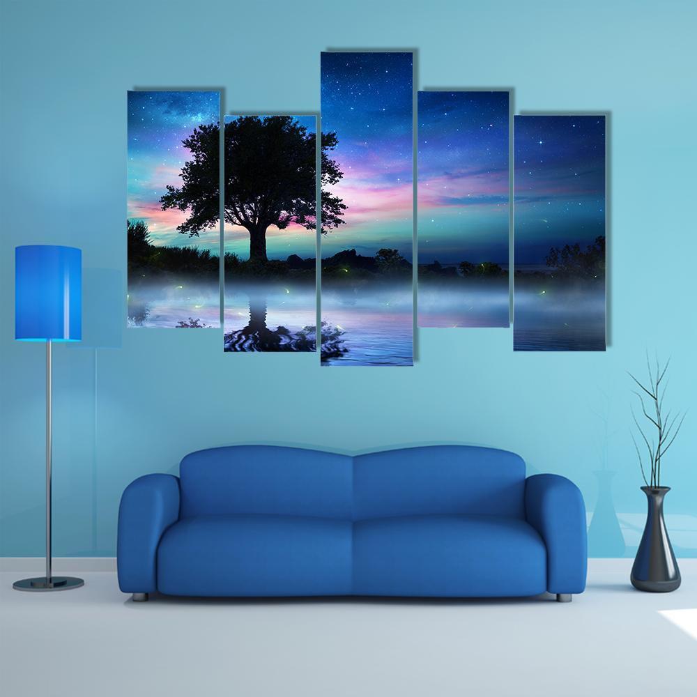 Tree At Starry Night Canvas Wall Art-5 Pop-Gallery Wrap-47" x 32"-Tiaracle