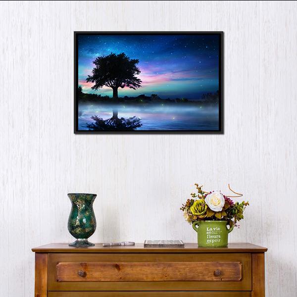 Tree At Starry Night Canvas Wall Art-1 Piece-Floating Frame-24" x 16"-Tiaracle
