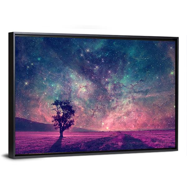 Tree In Purple Field Canvas Wall Art-3 Horizontal-Gallery Wrap-25" x 16"-Tiaracle