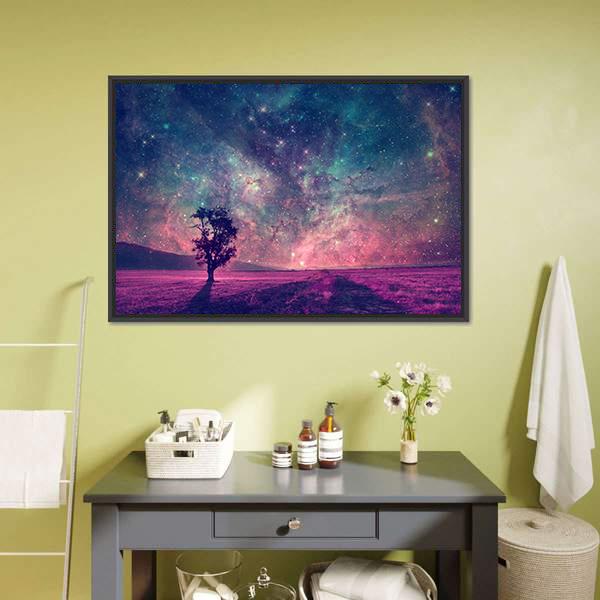 Tree In Purple Field Canvas Wall Art-1 Piece-Floating Frame-24" x 16"-Tiaracle