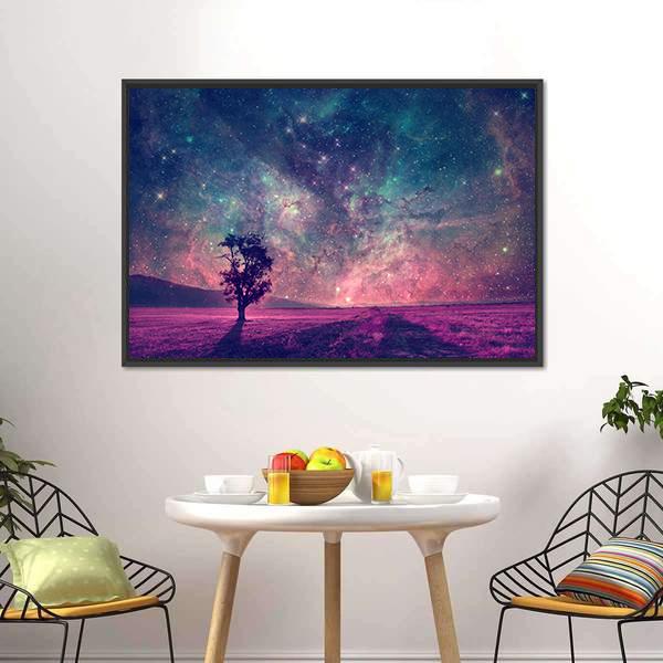 Tree In Purple Field Canvas Wall Art-3 Horizontal-Gallery Wrap-25" x 16"-Tiaracle