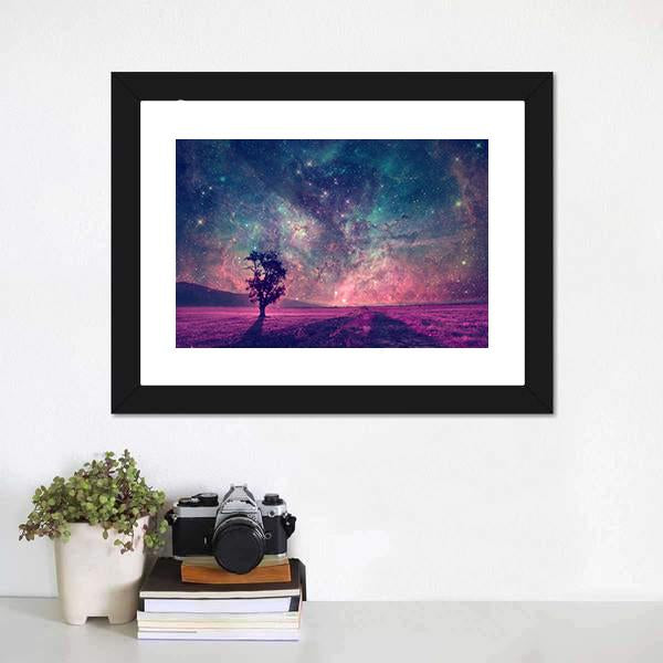 Tree In Purple Field Canvas Wall Art-1 Piece-Framed Print-20" x 16"-Tiaracle