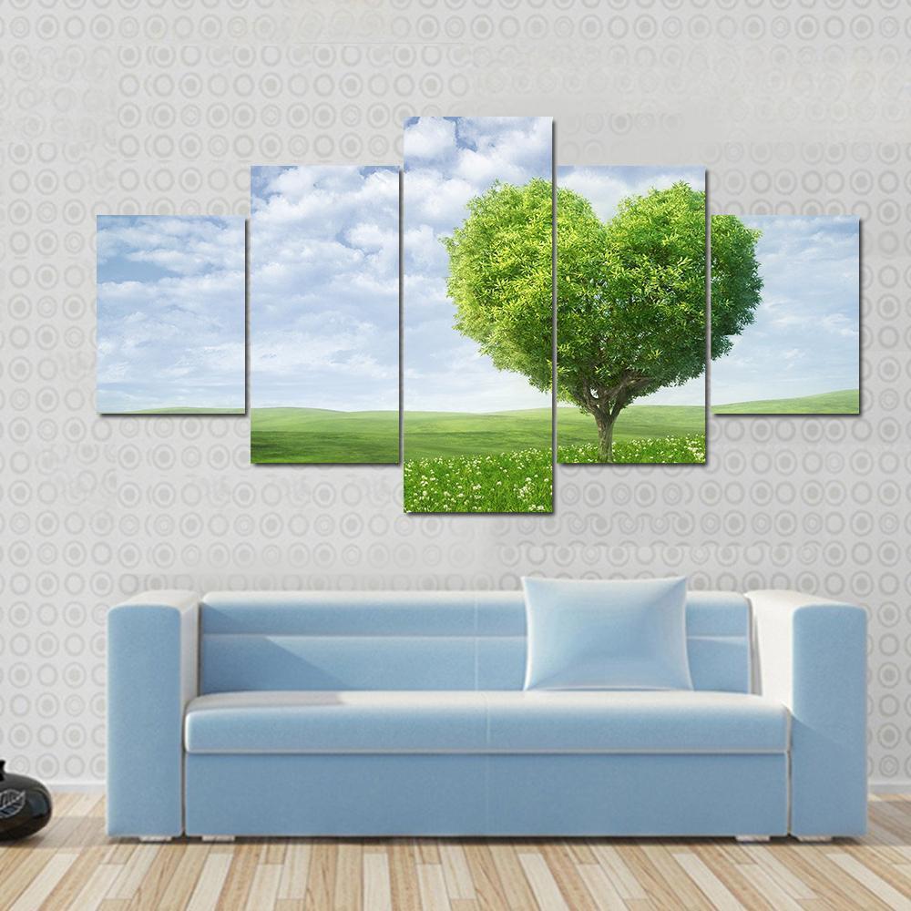 Tree In The Shape Of Heart Under Cloudy Sky Canvas Wall Art-5 Star-Gallery Wrap-62" x 32"-Tiaracle