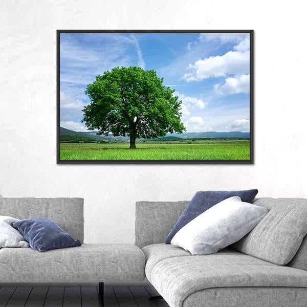 Tree On Green Field Canvas Wall Art-1 Piece-Floating Frame-24" x 16"-Tiaracle