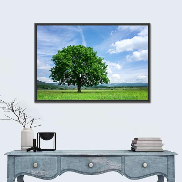 Tree On Green Field Canvas Wall Art-3 Horizontal-Gallery Wrap-25" x 16"-Tiaracle