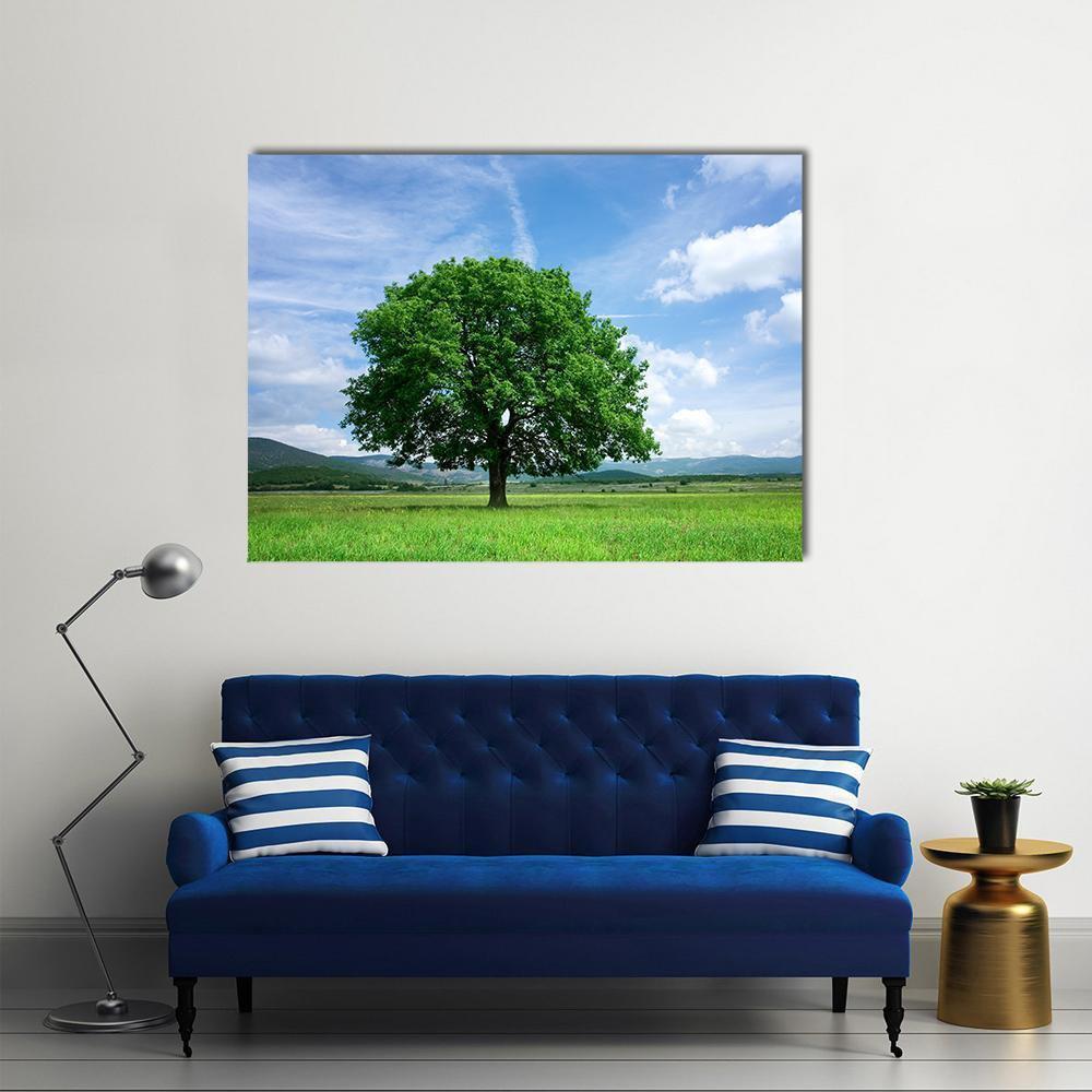 Tree On Green Field Canvas Wall Art-1 Piece-Gallery Wrap-48" x 32"-Tiaracle