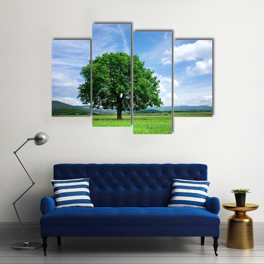 Tree On Green Field Canvas Wall Art-4 Pop-Gallery Wrap-50" x 32"-Tiaracle