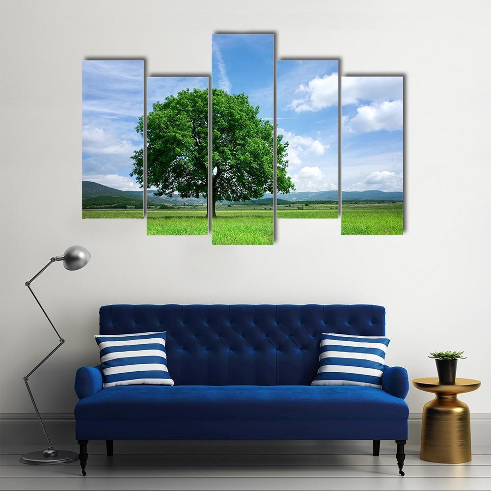 Tree On Green Field Canvas Wall Art-5 Pop-Gallery Wrap-47" x 32"-Tiaracle