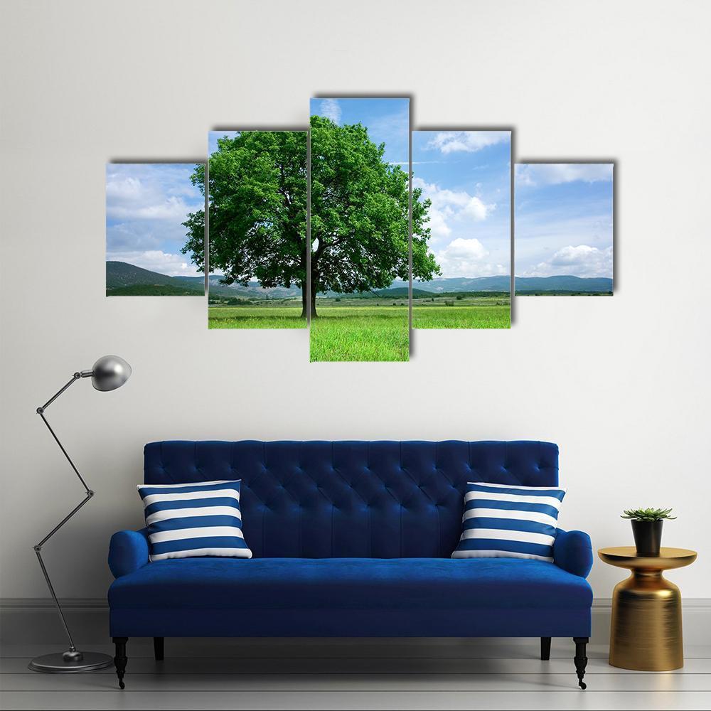 Tree On Green Field Canvas Wall Art-5 Star-Gallery Wrap-62" x 32"-Tiaracle