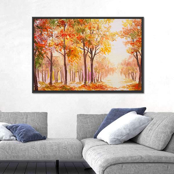 Trees In Colorful Autumn Forest Canvas Wall Art-1 Piece-Floating Frame-24" x 16"-Tiaracle