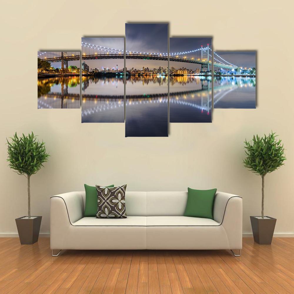 Triboro Bridge At Night Canvas Wall Art-5 Star-Gallery Wrap-62" x 32"-Tiaracle