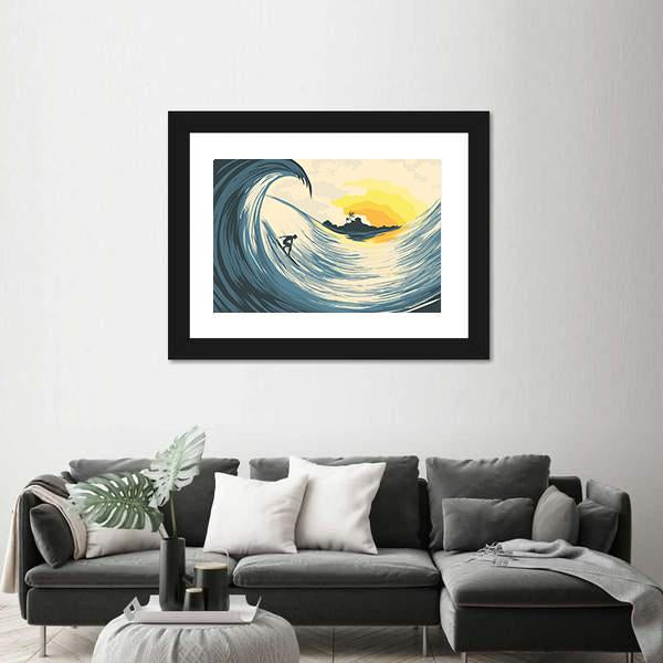 Tropical Island Wave And Surfer At Sunset Canvas Wall Art-1 Piece-Framed Print-20" x 16"-Tiaracle