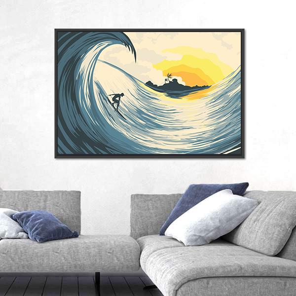 Tropical Island Wave And Surfer At Sunset Canvas Wall Art-1 Piece-Floating Frame-24" x 16"-Tiaracle