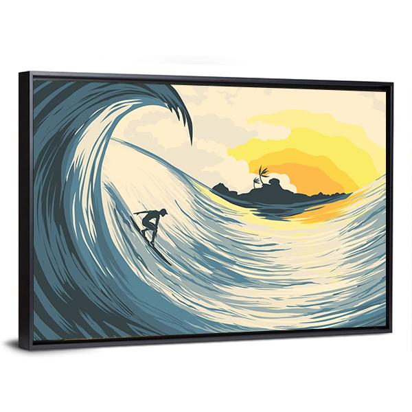 Tropical Island Wave And Surfer At Sunset Canvas Wall Art-3 Horizontal-Gallery Wrap-25" x 16"-Tiaracle