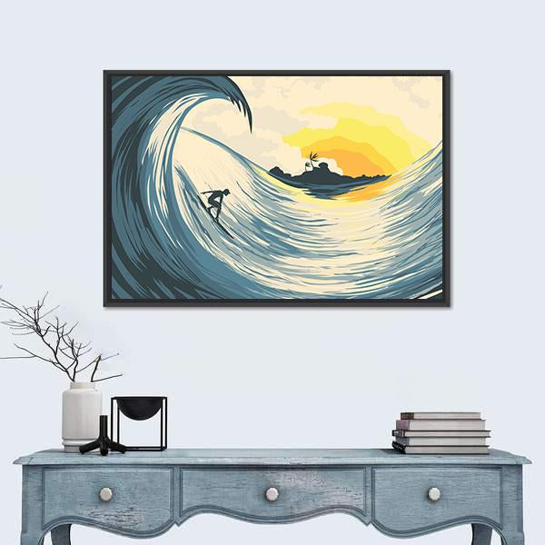 Tropical Island Wave And Surfer At Sunset Canvas Wall Art-3 Horizontal-Gallery Wrap-25" x 16"-Tiaracle