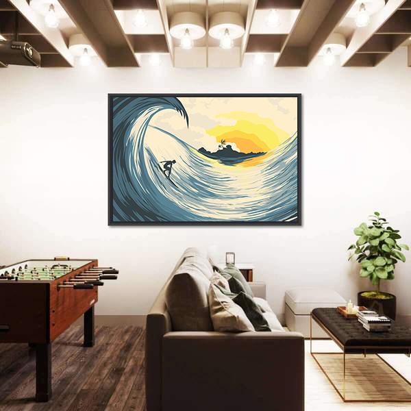 Tropical Island Wave And Surfer At Sunset Canvas Wall Art-3 Horizontal-Gallery Wrap-25" x 16"-Tiaracle