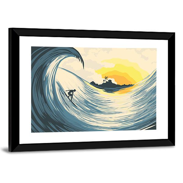 Tropical Island Wave And Surfer At Sunset Canvas Wall Art-3 Horizontal-Gallery Wrap-25" x 16"-Tiaracle