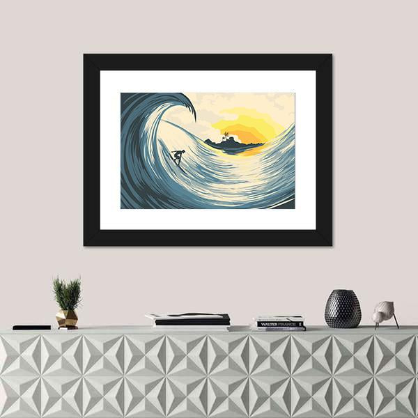 Tropical Island Wave And Surfer At Sunset Canvas Wall Art-3 Horizontal-Gallery Wrap-25" x 16"-Tiaracle