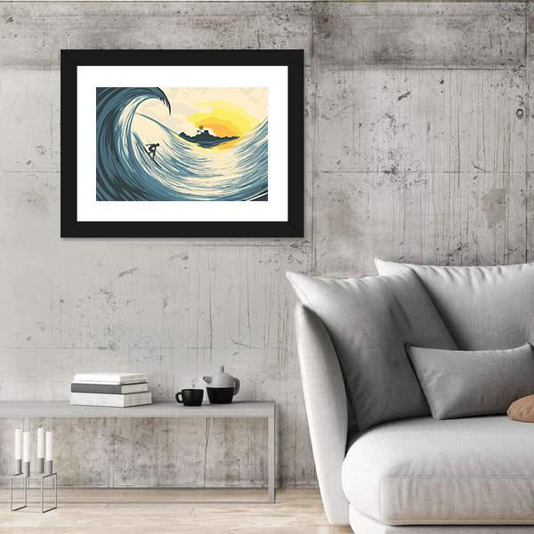 Tropical Island Wave And Surfer At Sunset Canvas Wall Art-3 Horizontal-Gallery Wrap-25" x 16"-Tiaracle