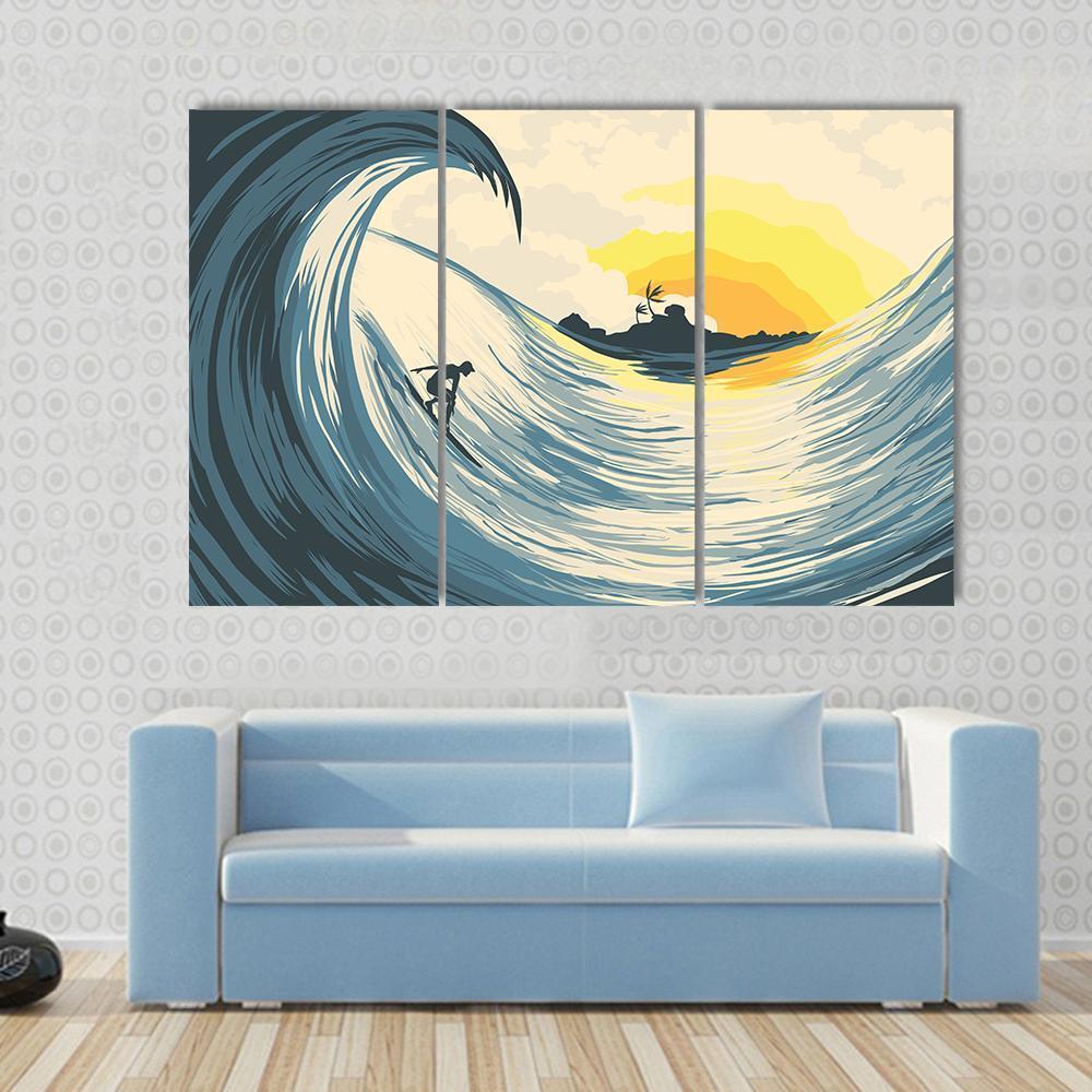 Tropical Island Wave And Surfer At Sunset Canvas Wall Art-3 Horizontal-Gallery Wrap-37" x 24"-Tiaracle