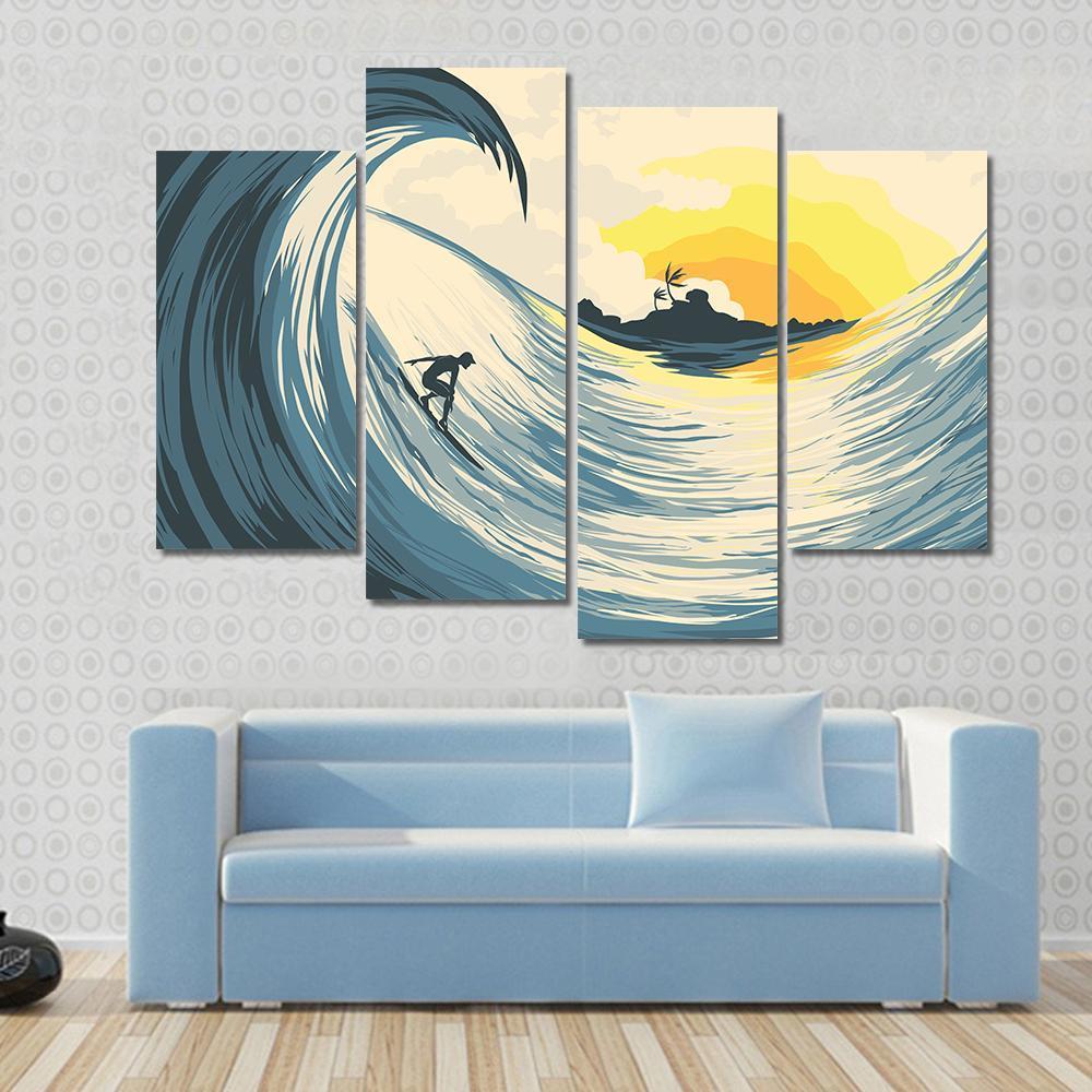 Tropical Island Wave And Surfer At Sunset Canvas Wall Art-4 Pop-Gallery Wrap-50" x 32"-Tiaracle