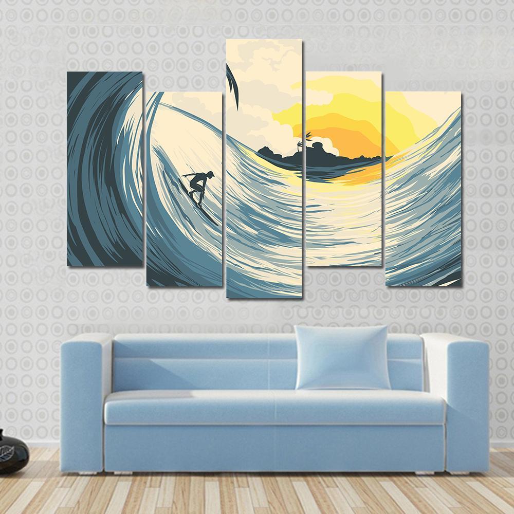 Tropical Island Wave And Surfer At Sunset Canvas Wall Art-5 Pop-Gallery Wrap-47" x 32"-Tiaracle